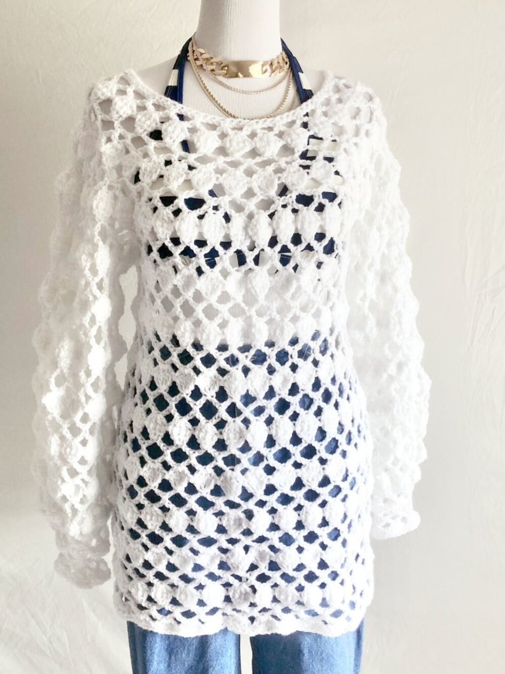 Vintage 70s Handmade Crochet Tunic Sweater White Size XS/S